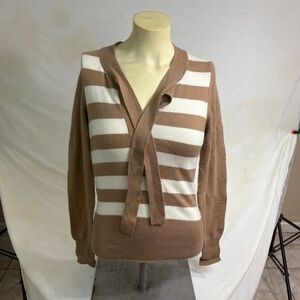 Michael Kors Brown White Striped Cashmere Sweater S V-Neck Long Sleeve